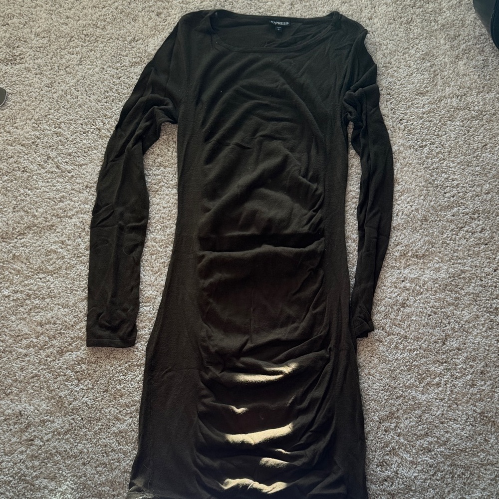Olive green rouched Long Sleeve sweater dress